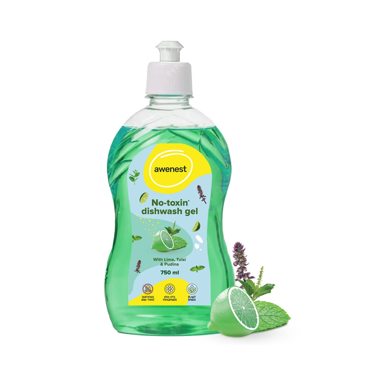 awenest toxin-free, plant-based lime, tulsi and pudina dishwash