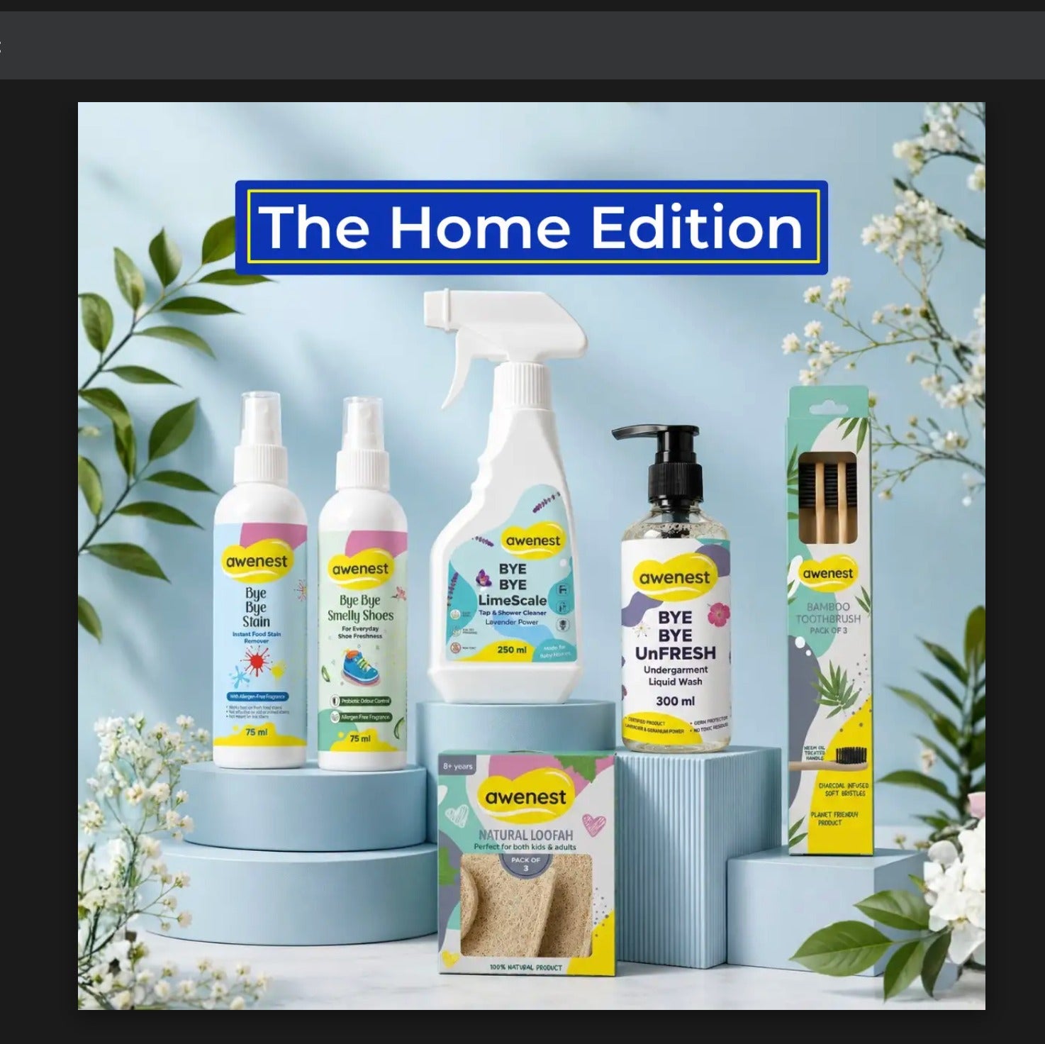Home Edition Kit - Bye Bye Stain + Bye Bye Smelly Shoes + Bye Bye Limescale + Bye Bye UnFresh + Pack of 3 Loofah + Pack of 3 Bamboo Toothbrush