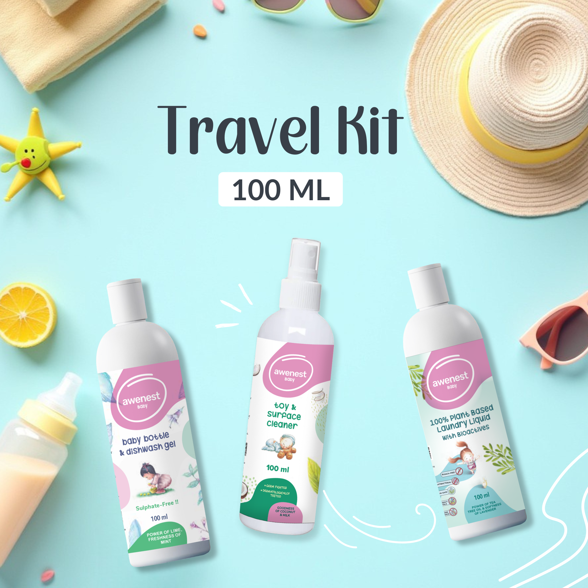 Baby Travel Kit - 100 ml Baby Feeding Bottle Wash, 100 ml Baby Laundry Liquid, 100 ml Baby Toy Cleaner - 100% Plant-based, 100% Sulphate-free