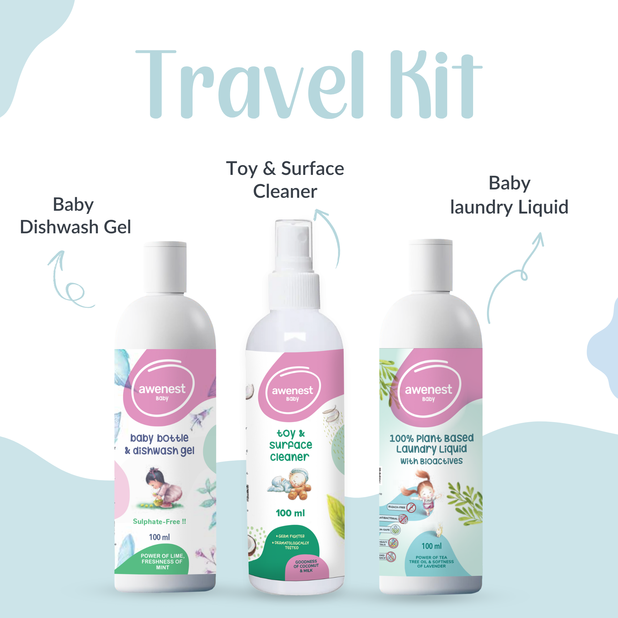 Baby Travel Kit - 100 ml Baby Feeding Bottle Wash, 100 ml Baby Laundry Liquid, 100 ml Baby Toy Cleaner - 100% Plant-based, 100% Sulphate-free awenest