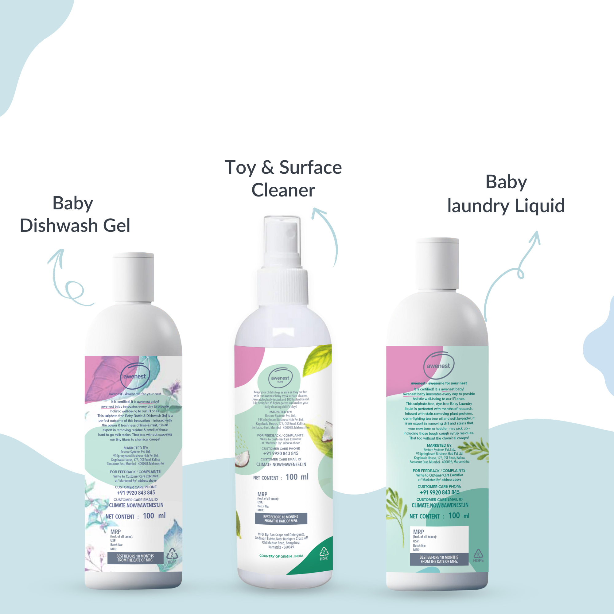 Baby Travel Kit - 100 ml Baby Feeding Bottle Wash, 100 ml Baby Laundry Liquid, 100 ml Baby Toy Cleaner - 100% Plant-based, 100% Sulphate-free awenest