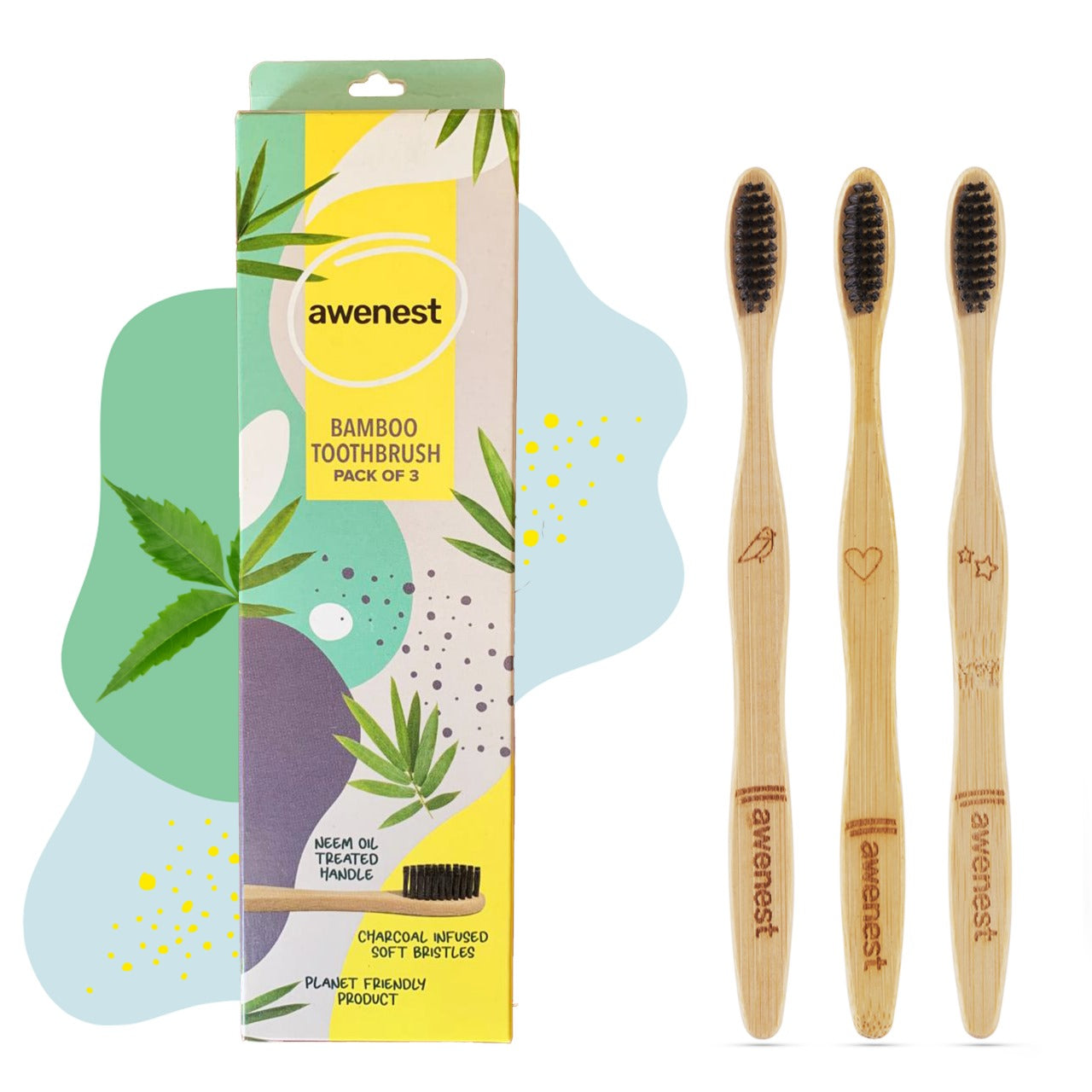 awenest Bamboo Toothbrush, Neem Oil Coated, Pack of 3