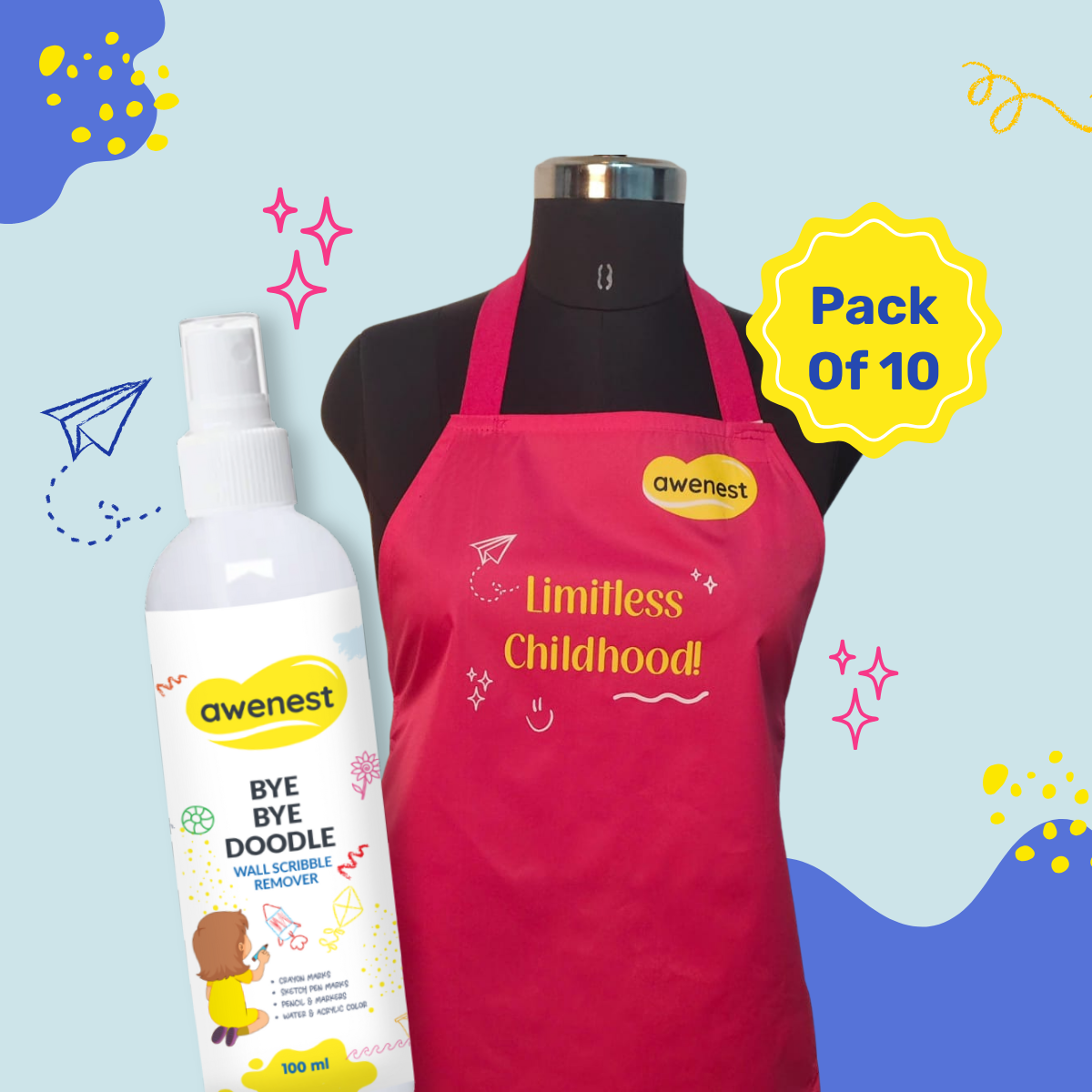 Pack of 10 - Kids Art & Activity Combo | Artist Apron + Bye Bye Doodle Scribble Remover