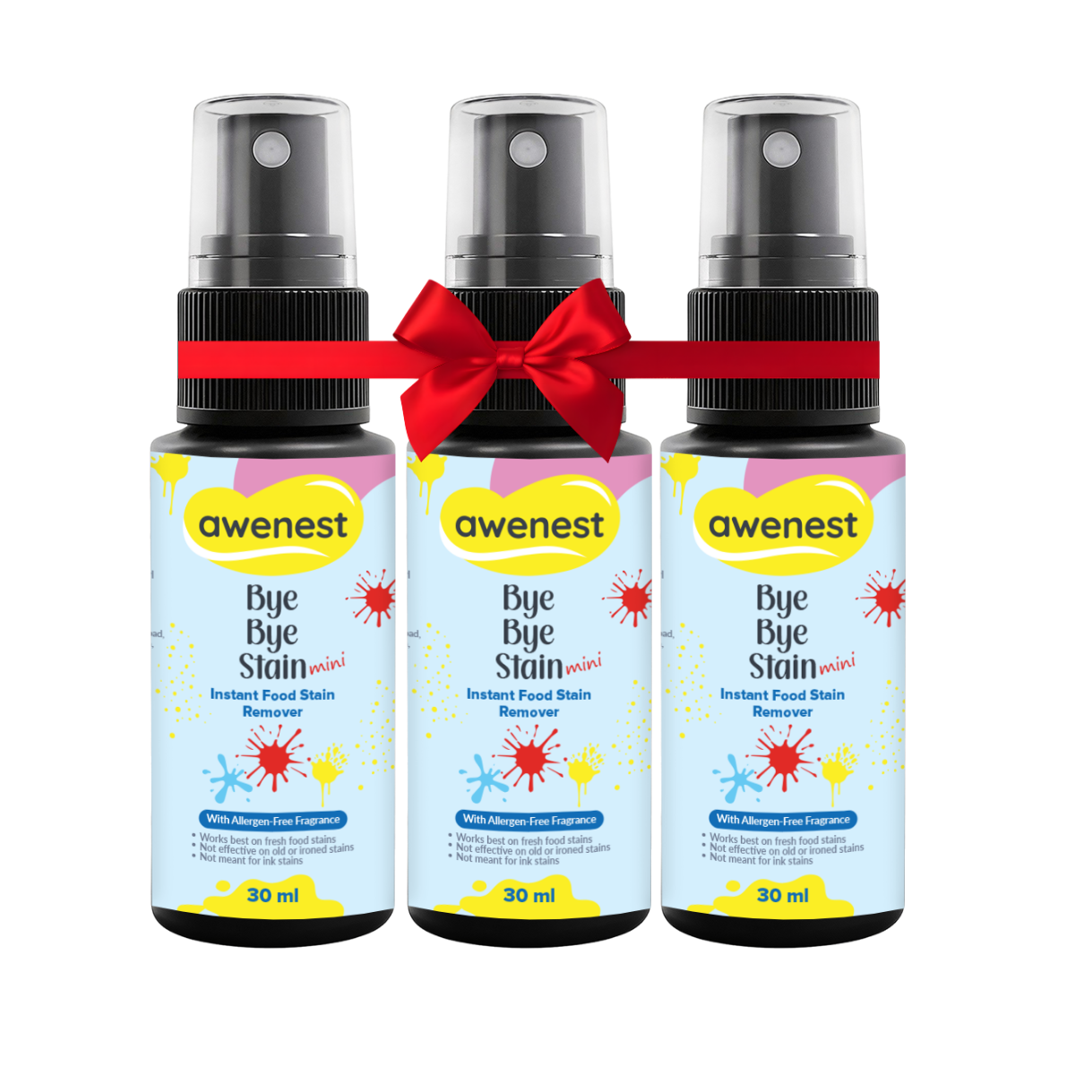 Instant Stain Remover Fabric Spray for Food Stains - awenest Bye Bye Food Stain, works on 50+ Food and Blood Stains on-the-go Pack of 3 x 30 ml