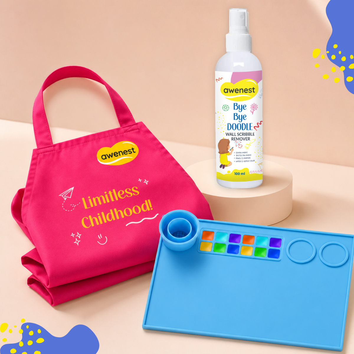 Pack of 10 Kids Art Kit with Apron, Silicone Art Mat & Scribble Remover | Mess-Free Creative Play | Awenest