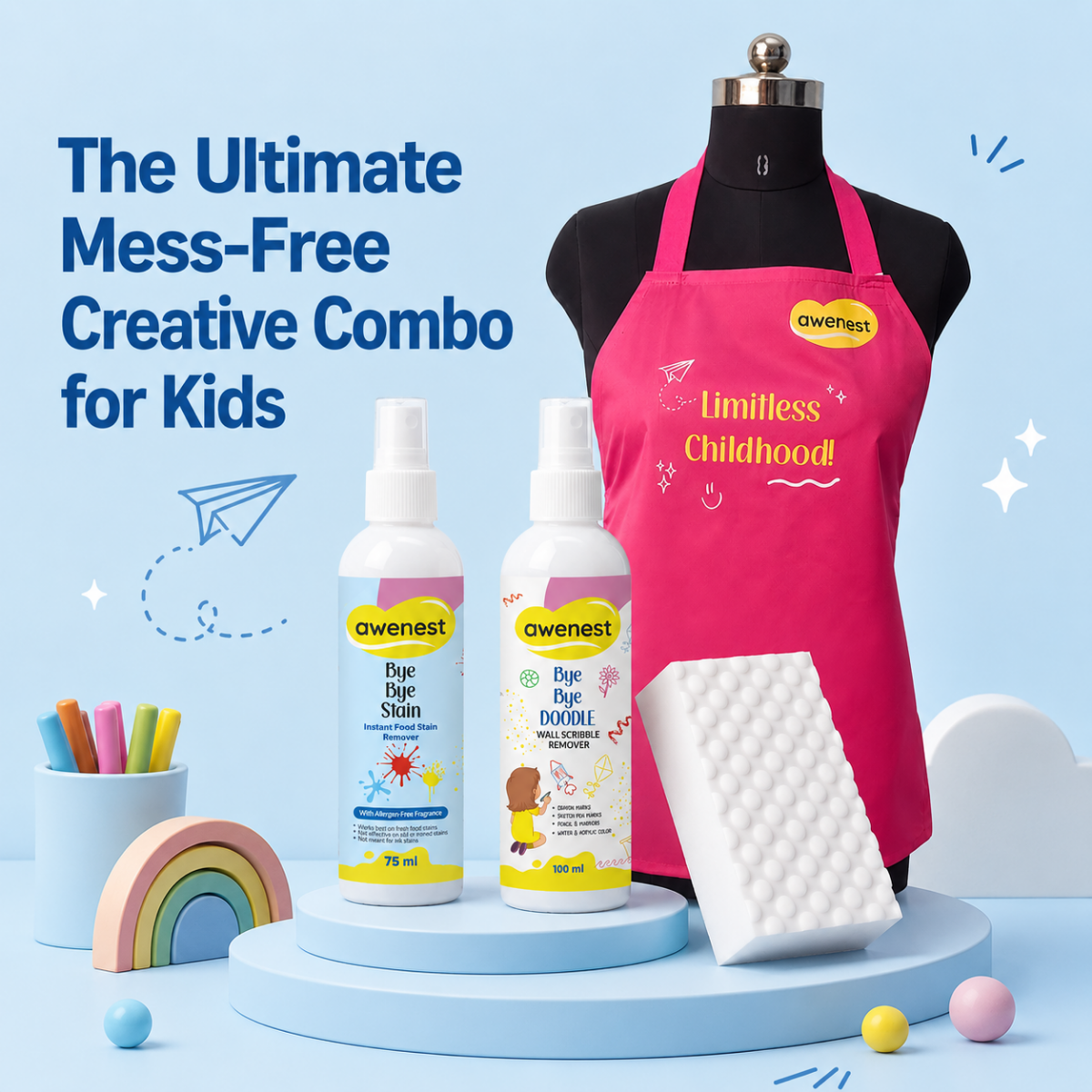 Kids Mess-Free Creative Combo | Creative Apron, Doodle Remover, Stain Remover & Magic Eraser by Awenest