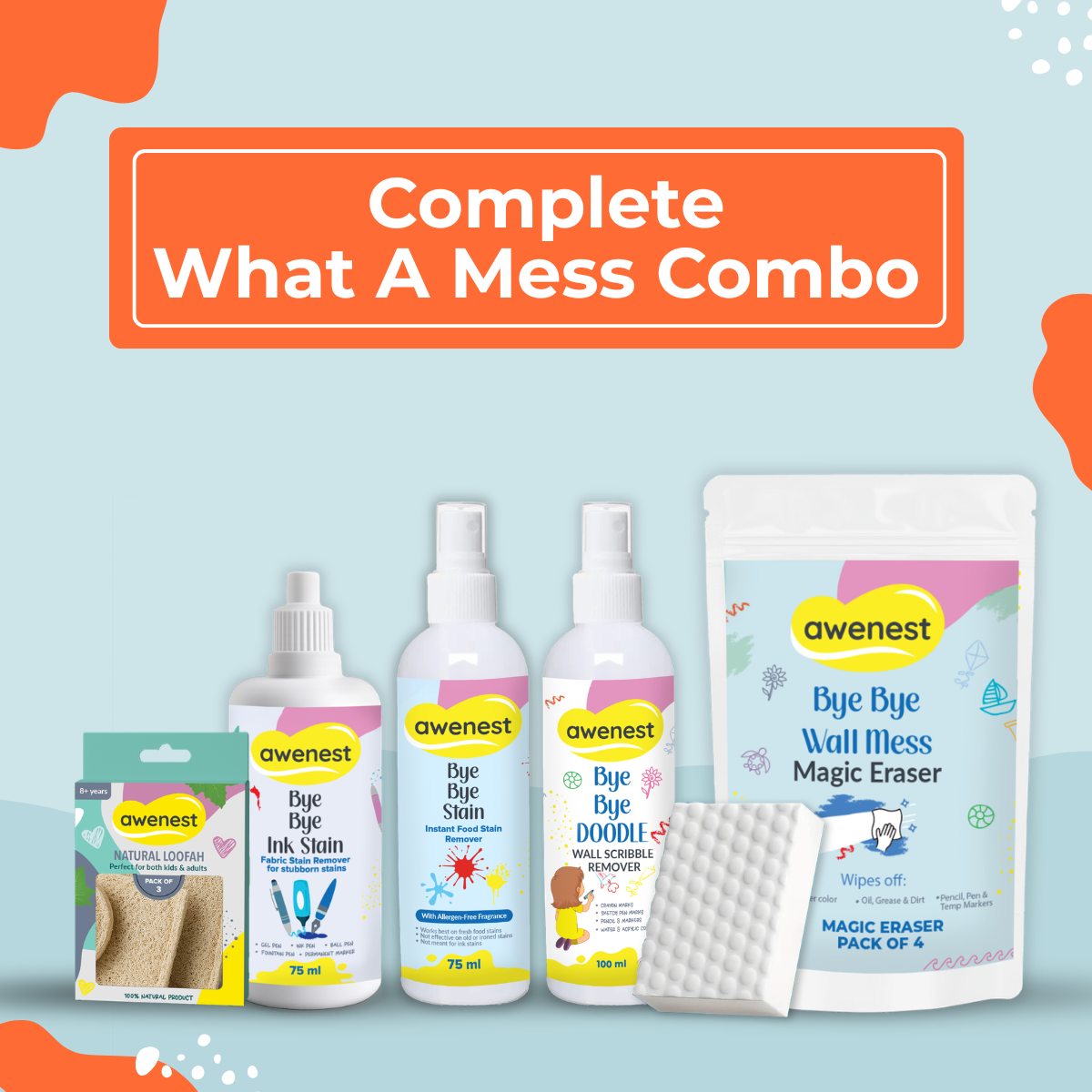 What a Mess! Cleaning Combo - Bye Bye Stain x2 + Bye Bye Doodle x2 + Magic Eraser x4 + Ink Stain 75 ml + Pack of 3 Natural Loofah