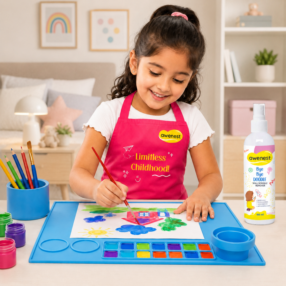 Kids Painting Kit with Apron, Silicone Art Mat & Scribble Remover | Mess-Free Creative Play | Awenest