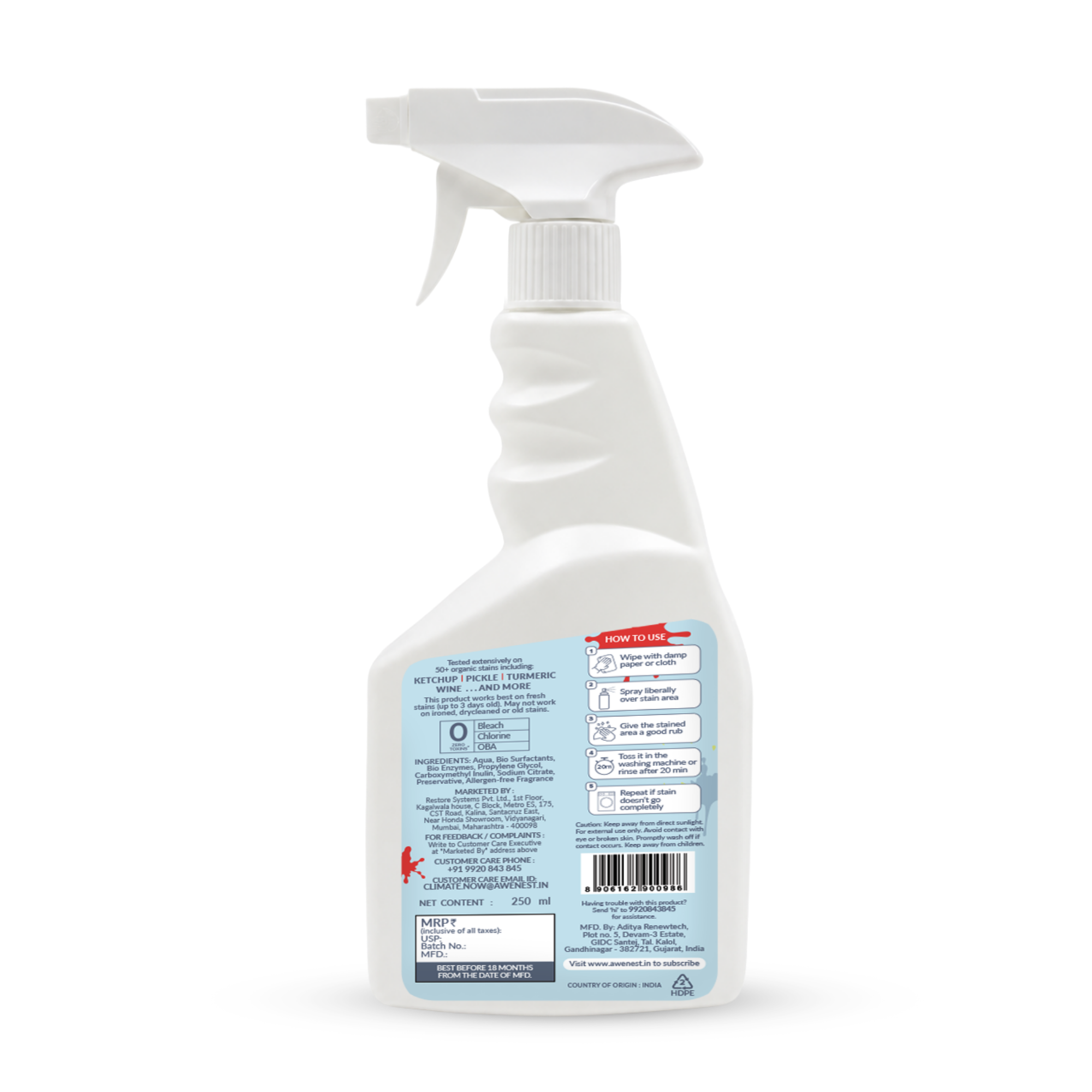 Bye Bye Stain 250 ml - Instant Stain Remover Fabric Spray for 50+ Food Stains