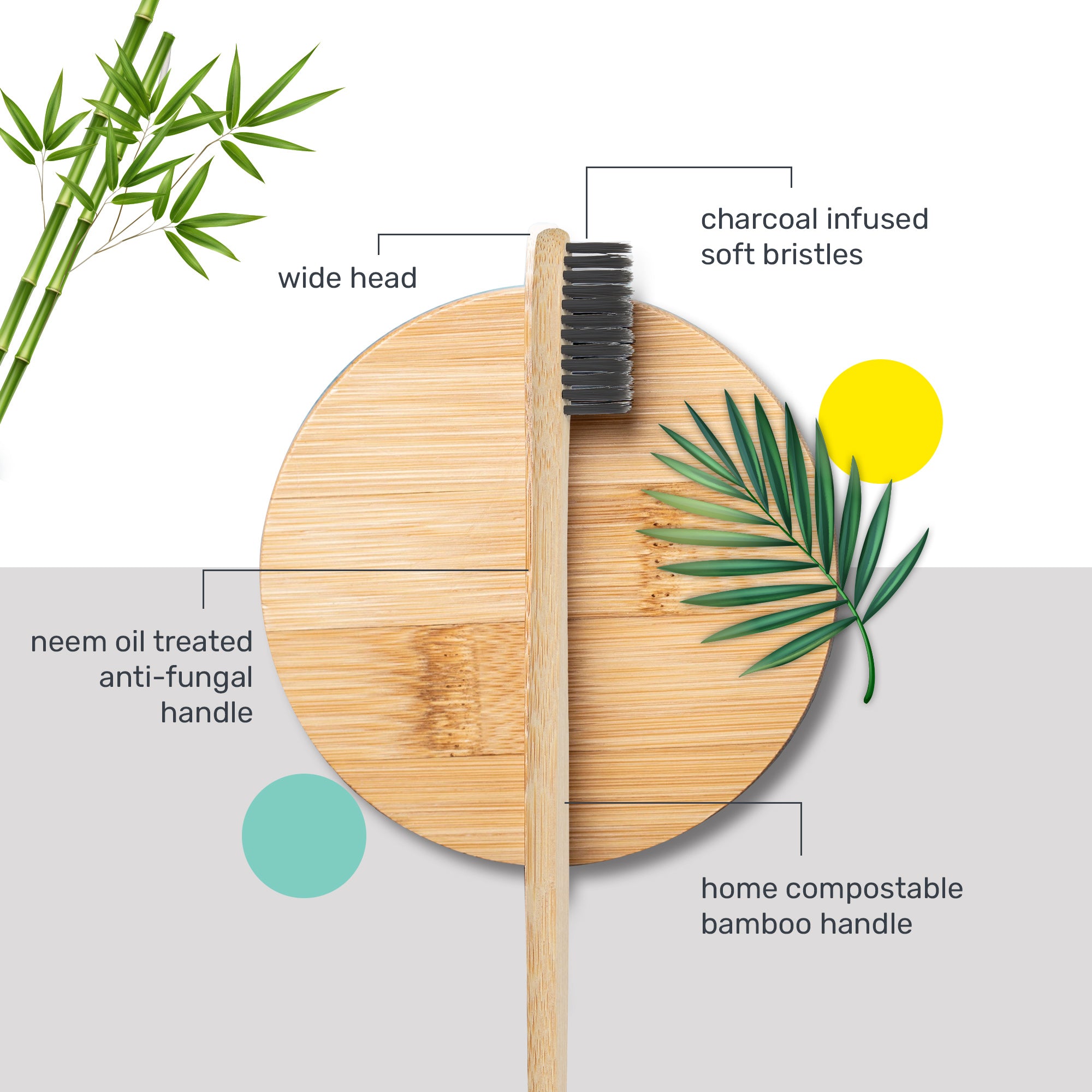 Charcoal coated bristles, neem oil coated bamboo toothbrush