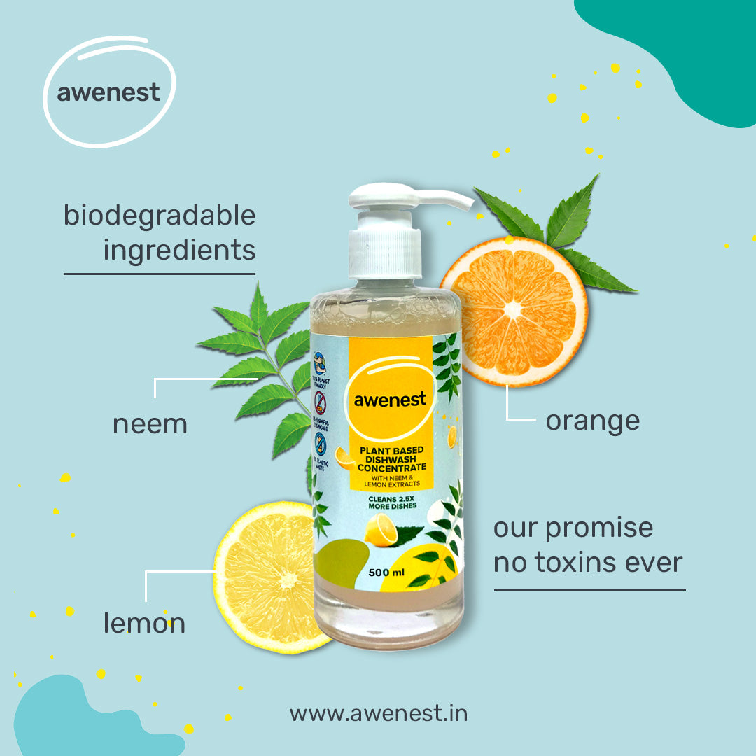 awenest plant-based dishwash, neem, lemon and orange extracts