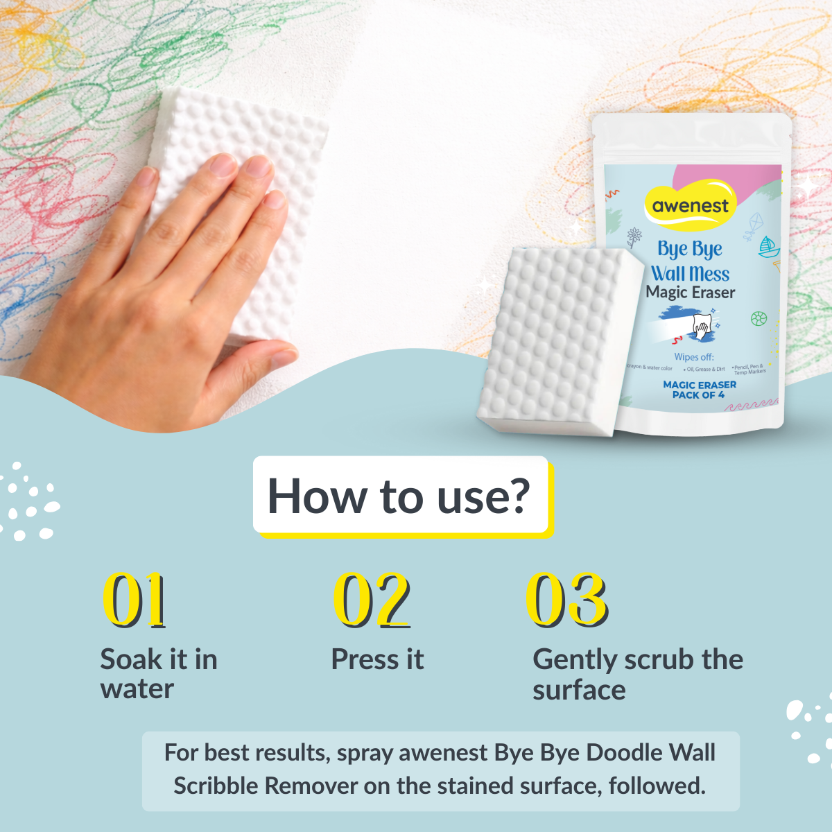 Bye Bye Wall Mess Sponge Eraser | Magic Cleaning Sponge | Removes Crayon, Pencil, Marker & Grease | For Walls, Tiles & Laminates | Pack of 4
