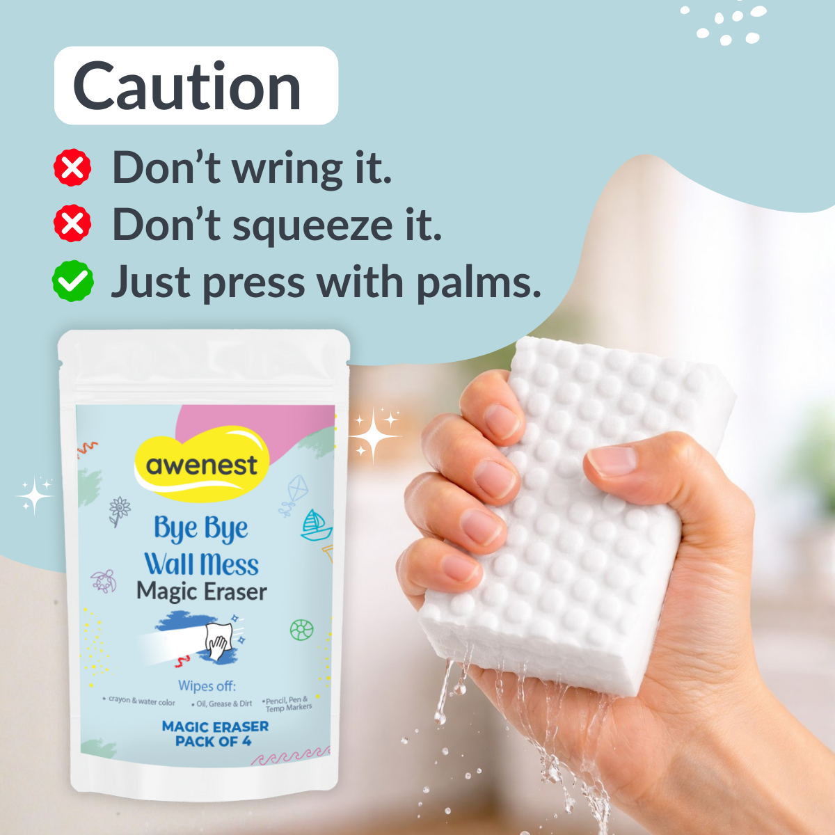 Bye Bye Wall Mess Sponge Eraser | Magic Cleaning Sponge | Removes Crayon, Pencil, Marker & Grease | For Walls, Tiles & Laminates | Pack of 4