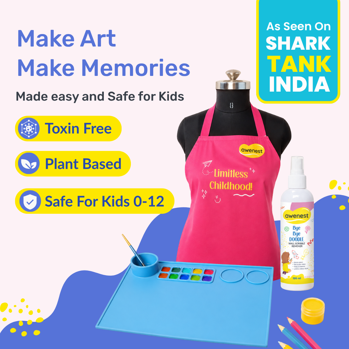 Kids Painting Kit with Apron, Silicone Art Mat & Scribble Remover | Mess-Free Creative Play | Awenest