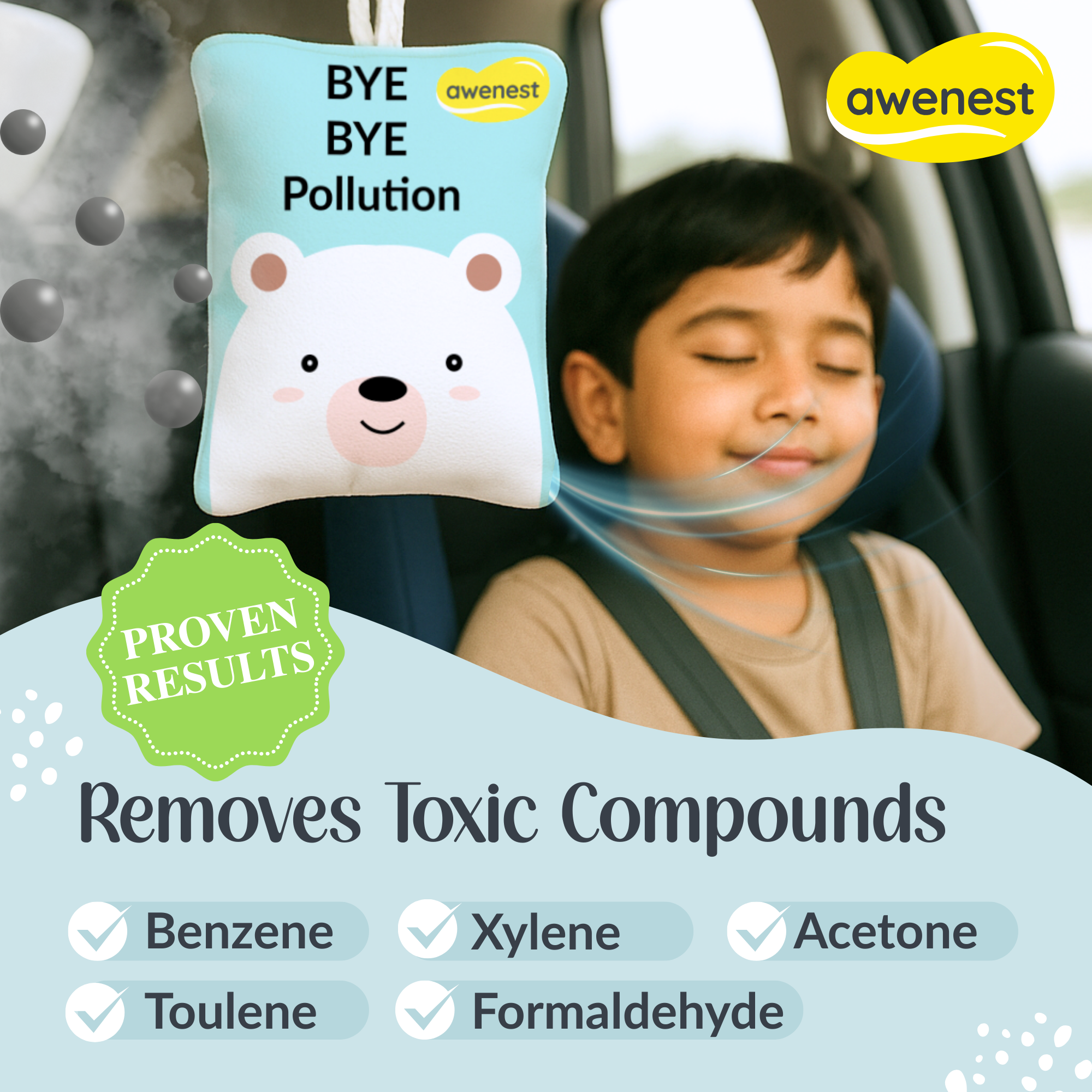 Awenest Bye Bye Pollution Air Purifying Bag for Cars and Baby Rooms, Activated Charcoal, Removes Pollutants and Bad Smell