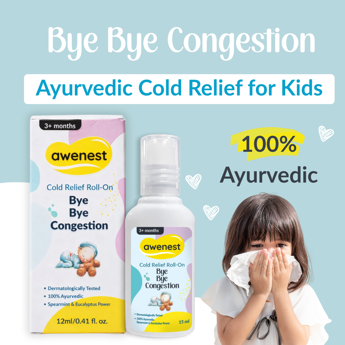Awenest Bye Bye Congestion Cold Relief Roll-On for Babies & Kids | Ayurvedic Natural Decongestant with Eucalyptus, Peppermint & Camphor Oils | Gentle Relief from Cold, Cough & Nasal Blockage – 12ml