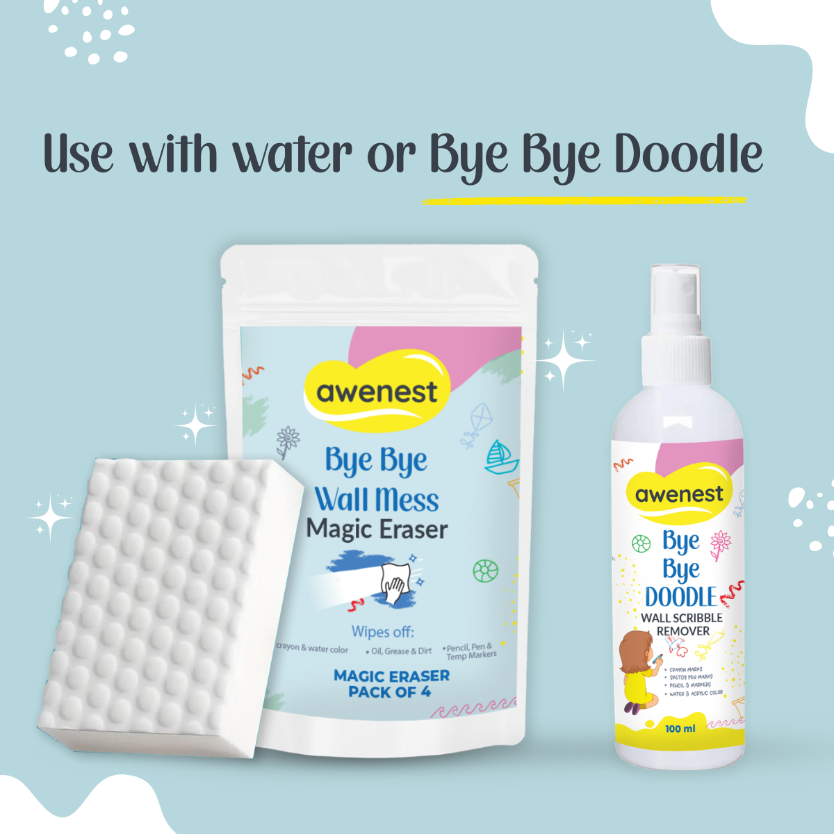 Bye Bye Wall Mess Sponge Eraser | Magic Cleaning Sponge | Removes Crayon, Pencil, Marker & Grease | For Walls, Tiles & Laminates | Pack of 4
