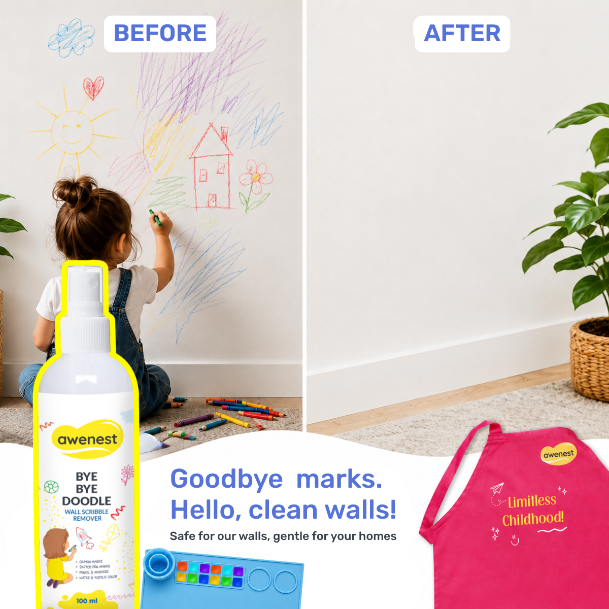 Kids Painting Kit with Apron, Silicone Art Mat & Scribble Remover | Mess-Free Creative Play | Awenest
