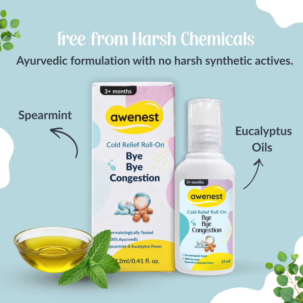 Awenest Bye Bye Congestion Cold Relief Roll-On for Babies & Kids | Ayurvedic Natural Decongestant with Eucalyptus, Peppermint & Camphor Oils | Gentle Relief from Cold, Cough & Nasal Blockage – 12ml