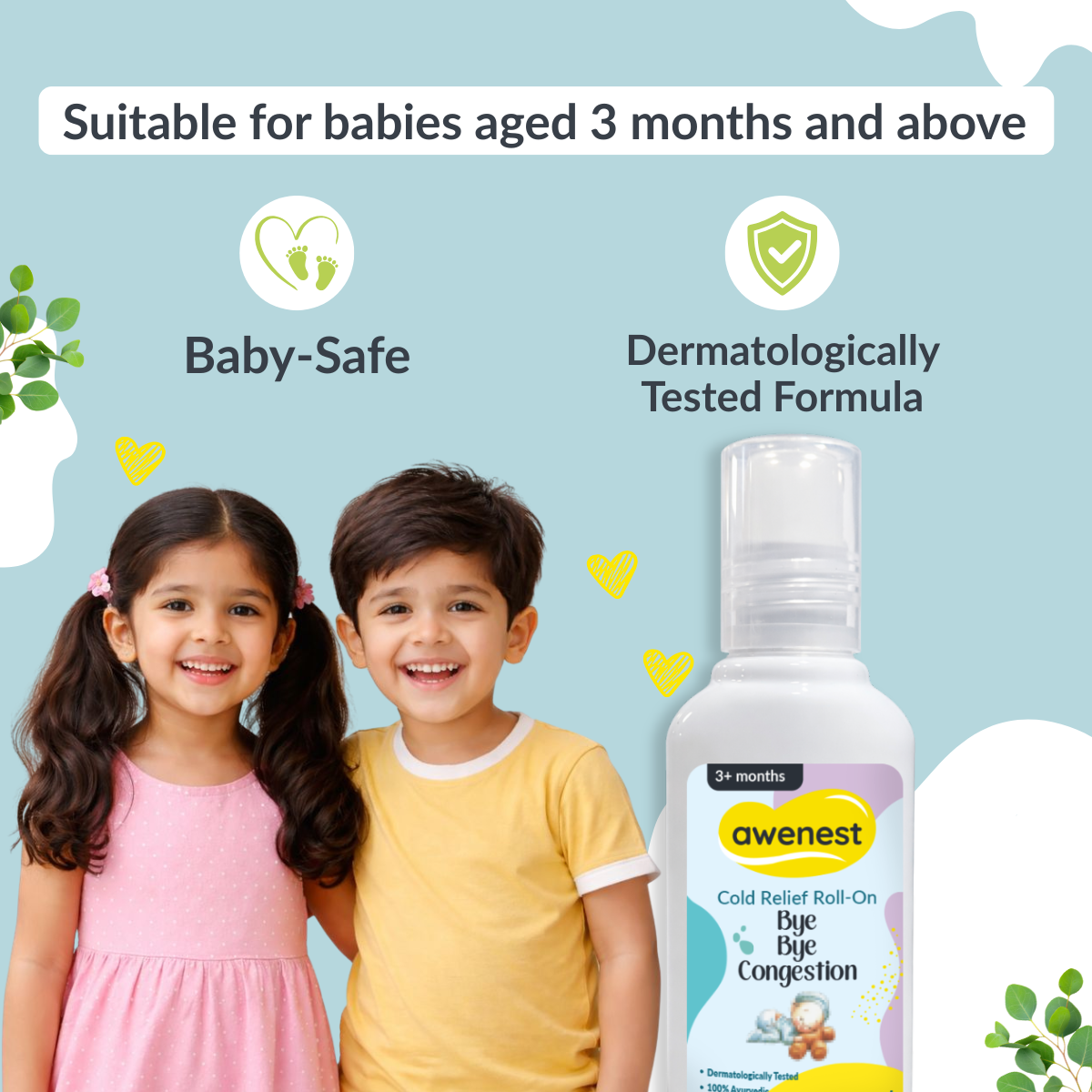 Awenest Bye Bye Congestion Cold Relief Roll-On for Babies & Kids | Ayurvedic Natural Decongestant with Eucalyptus, Peppermint & Camphor Oils | Gentle Relief from Cold, Cough & Nasal Blockage – 12ml