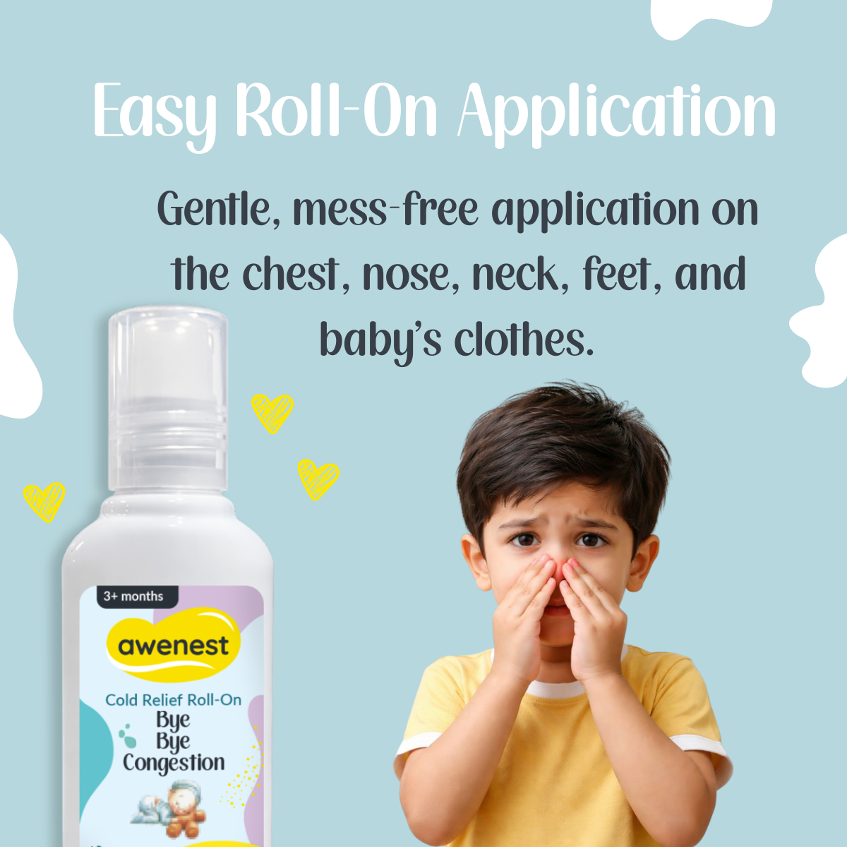 Awenest Bye Bye Congestion Cold Relief Roll-On for Babies & Kids | Ayurvedic Natural Decongestant with Eucalyptus, Peppermint & Camphor Oils | Gentle Relief from Cold, Cough & Nasal Blockage – 12ml