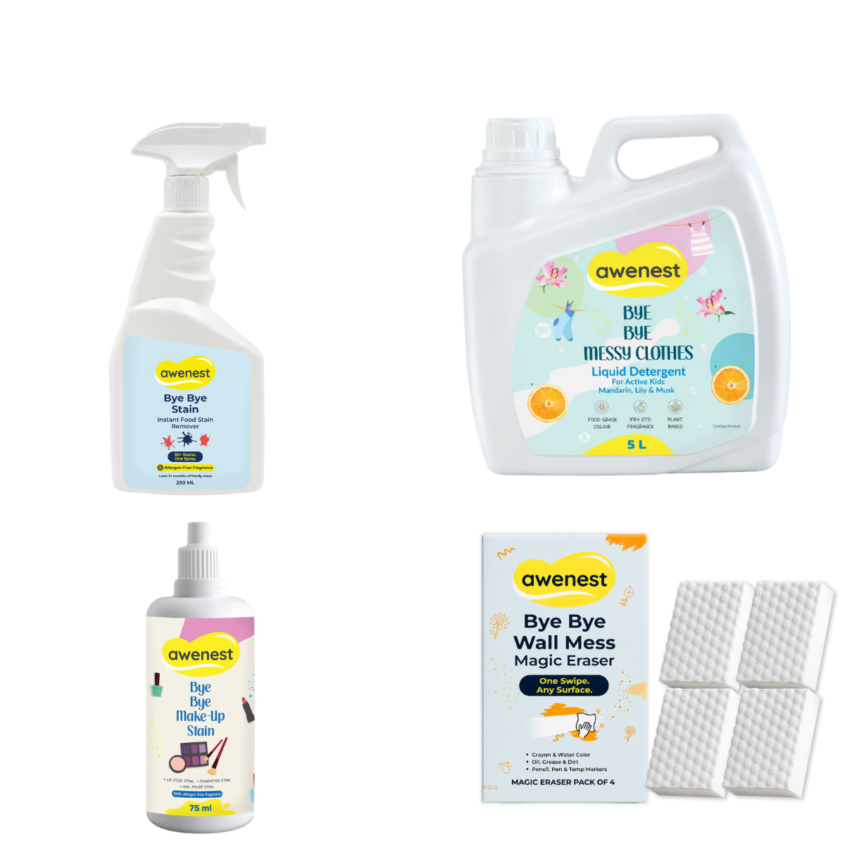 Diwali Cleaning Combo - Stain Remover 250ml, Laundry 5 Liter, Makeup Stain Remover 75ml, Magic Eraser Pack of 4