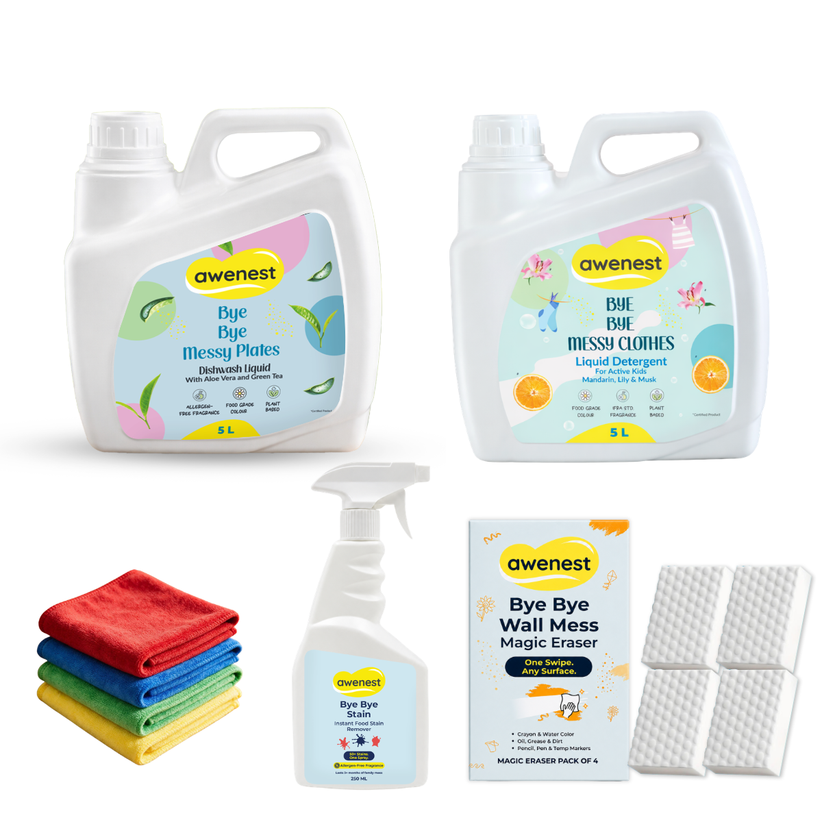 Mega Cleaning Combo - 5 Liter Dishwash, 5 Liter Laundry, 250ml Stain Remover, Magic Eraser Pack of 4, Microfiber Cleaning Cloth - Pack of 4
