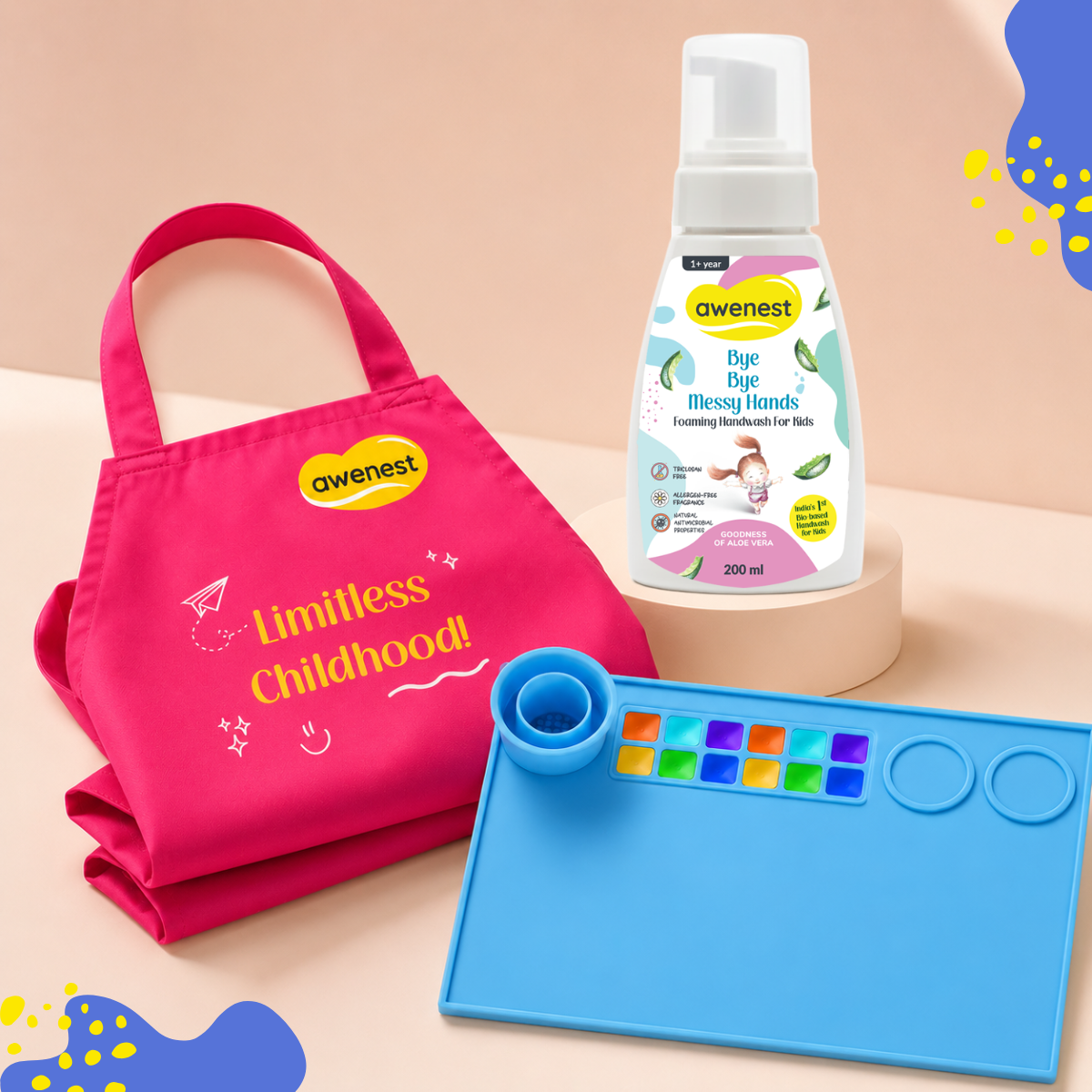 Kids Painting Kit with Apron, Silicone Art Mat & Kids Handwash | Mess-Free Creative Play | Awenest