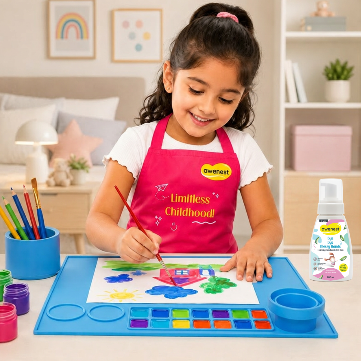 Kids Painting Kit with Apron, Silicone Art Mat & Kids Handwash | Mess-Free Creative Play | Awenest