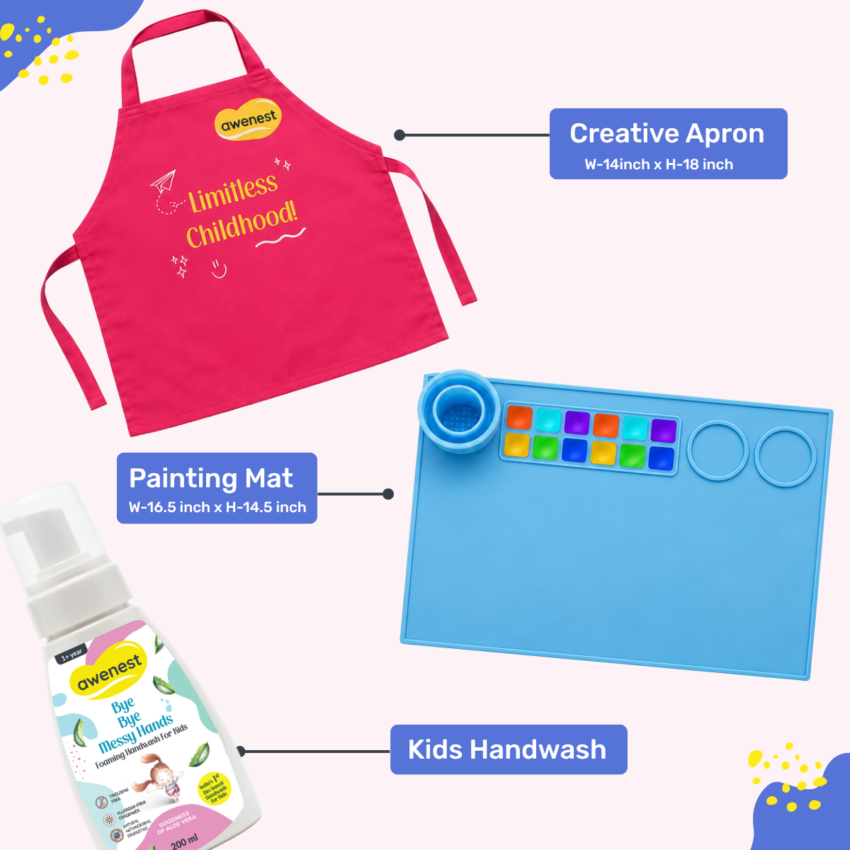 Kids Painting Kit with Apron, Silicone Art Mat & Kids Handwash | Mess-Free Creative Play | Awenest