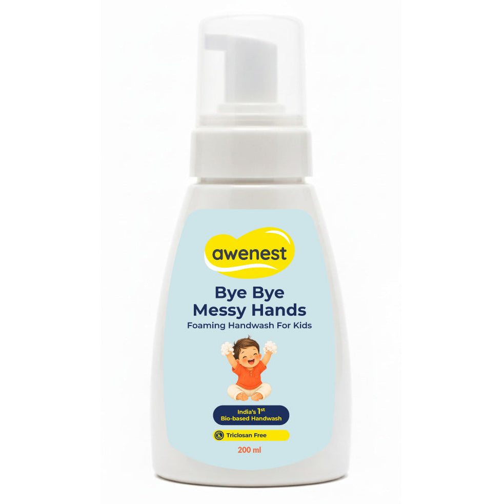 Foaming handwash bottle for kids with awenest branding on a white background