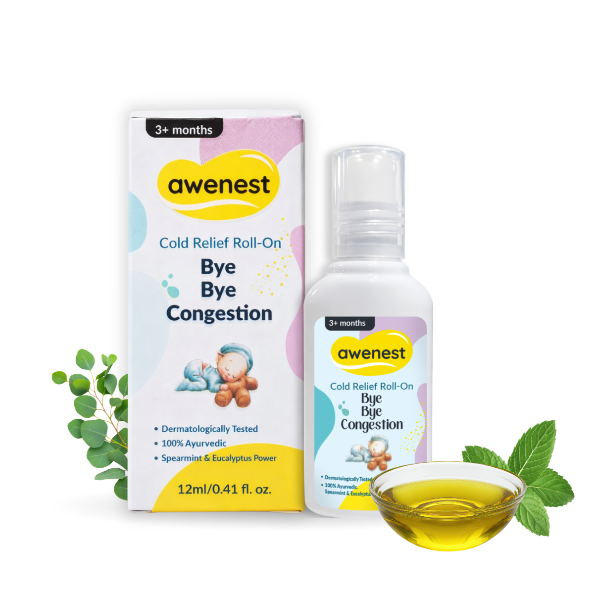Awenest Bye Bye Congestion Cold Relief Roll-On for Babies & Kids | Ayurvedic Natural Decongestant with Eucalyptus, Peppermint & Camphor Oils | Gentle Relief from Cold, Cough & Nasal Blockage – 12ml