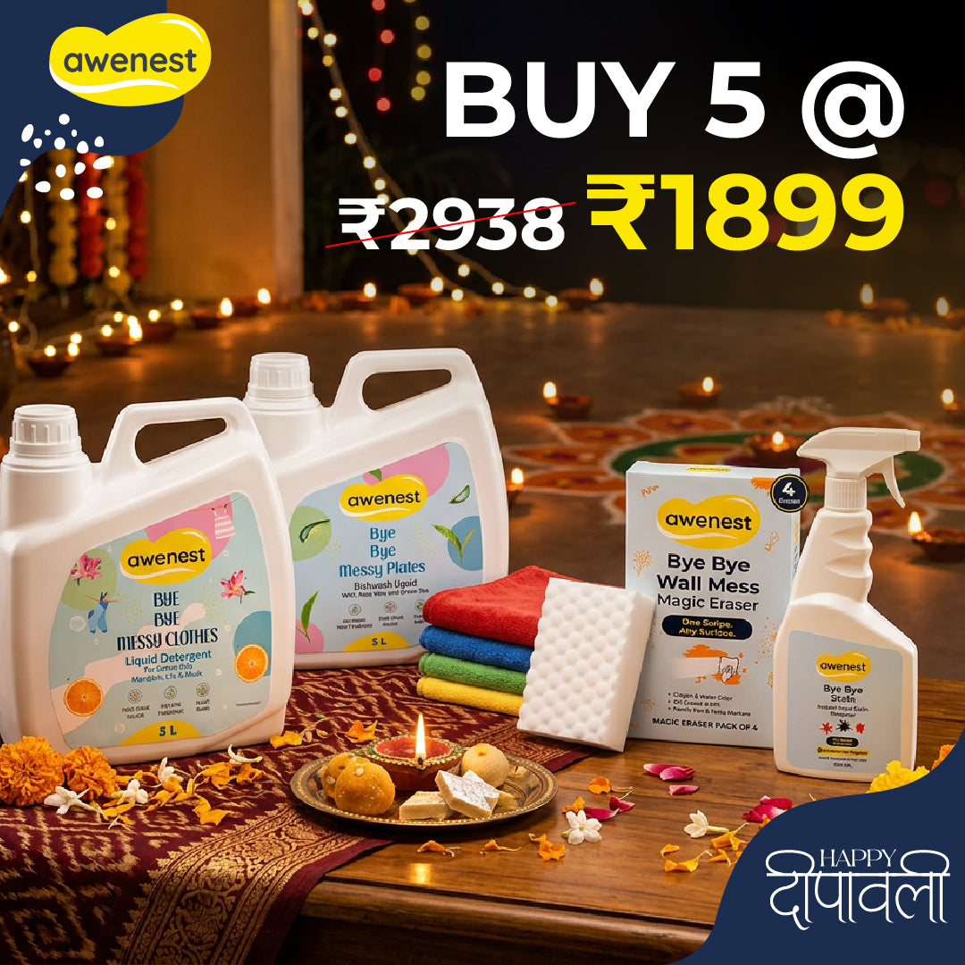Mega Cleaning Combo - 5 Liter Dishwash, 5 Liter Laundry, 250ml Stain Remover, Magic Eraser Pack of 4, Microfiber Cleaning Cloth - Pack of 4