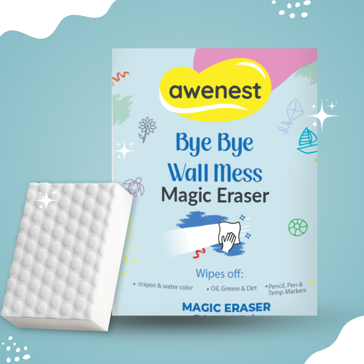 Bye Bye Wall Mess Sponge Eraser | Magic Cleaning Sponge | Removes Crayon, Pencil, Marker & Grease | For Walls, Tiles & Laminates | Pack of 1