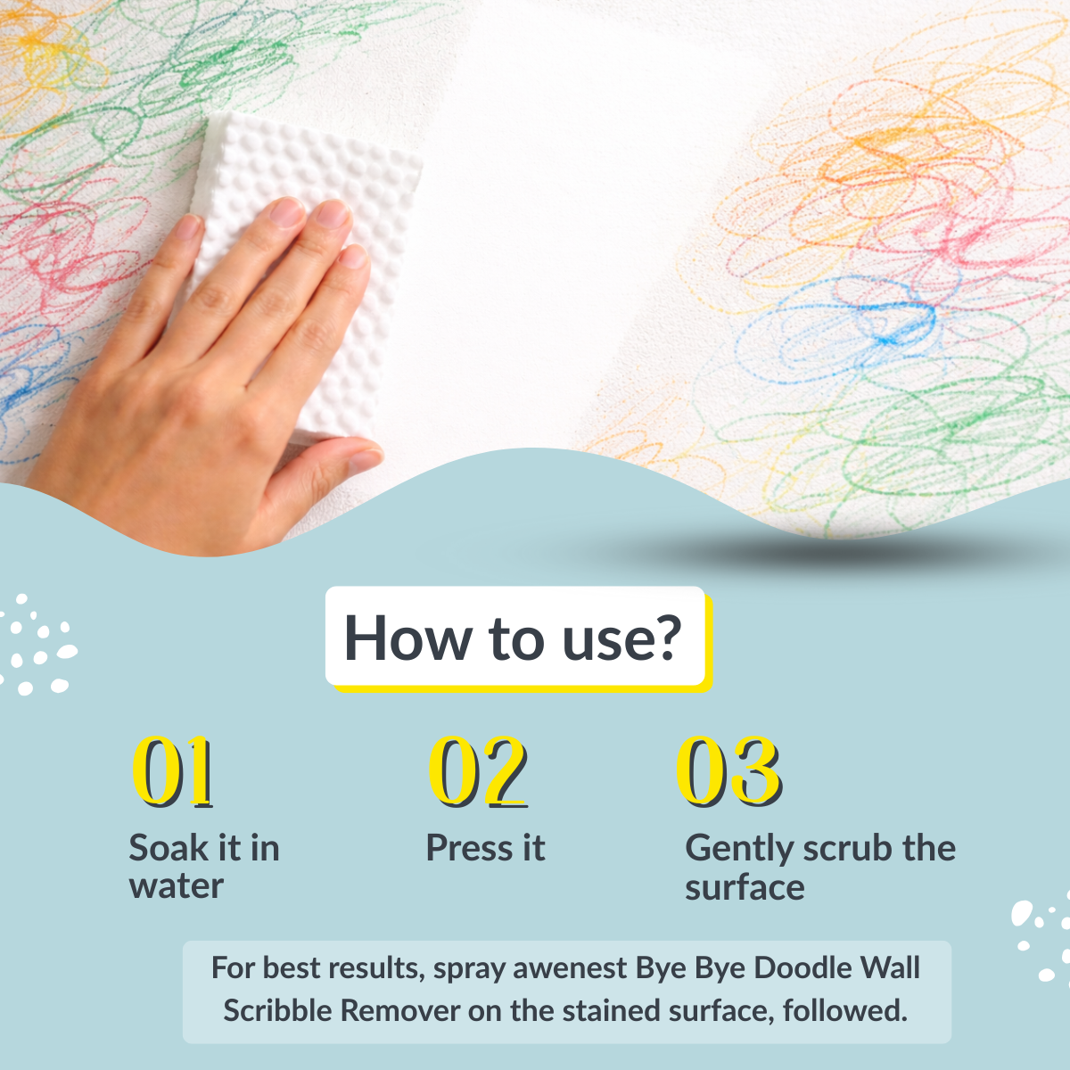 Bye Bye Wall Mess Sponge Eraser | Magic Cleaning Sponge | Removes Crayon, Pencil, Marker & Grease | For Walls, Tiles & Laminates | Pack of 1