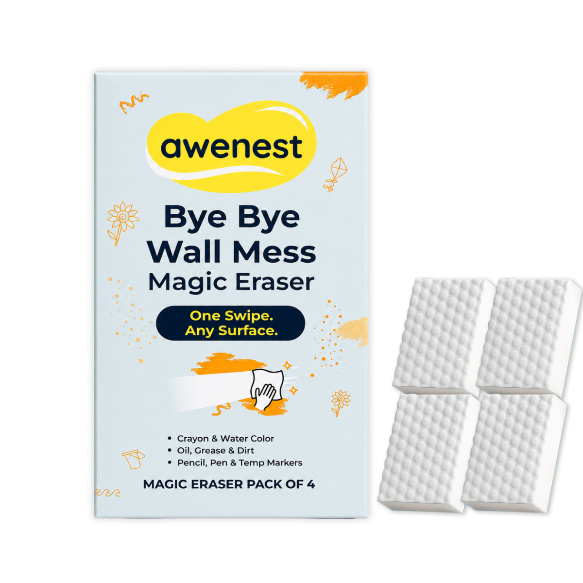 Magic Eraser - Bye Bye Wall Mess Sponge Eraser | Magic Cleaning Sponge | Removes Crayon, Pencil, Marker & Grease | For Walls, Tiles & Laminates