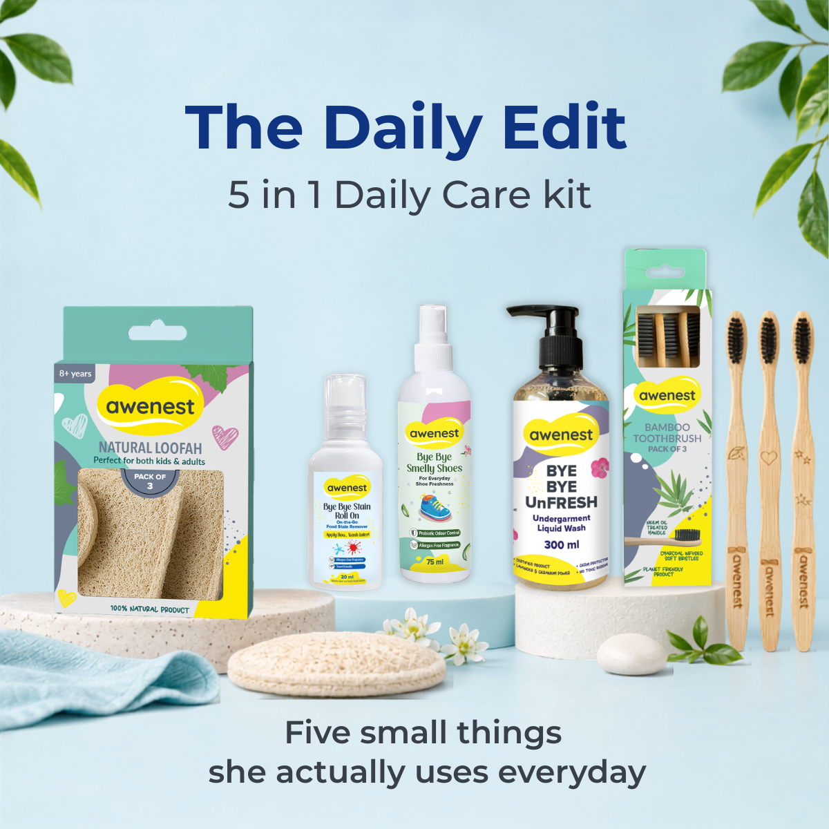 Travel Essentials for Women - Stain Roll on, Undergarment Wash, Shoe Deodorizer, Loofah Pack of 3, Bamboo Toothbrush Pack of 3