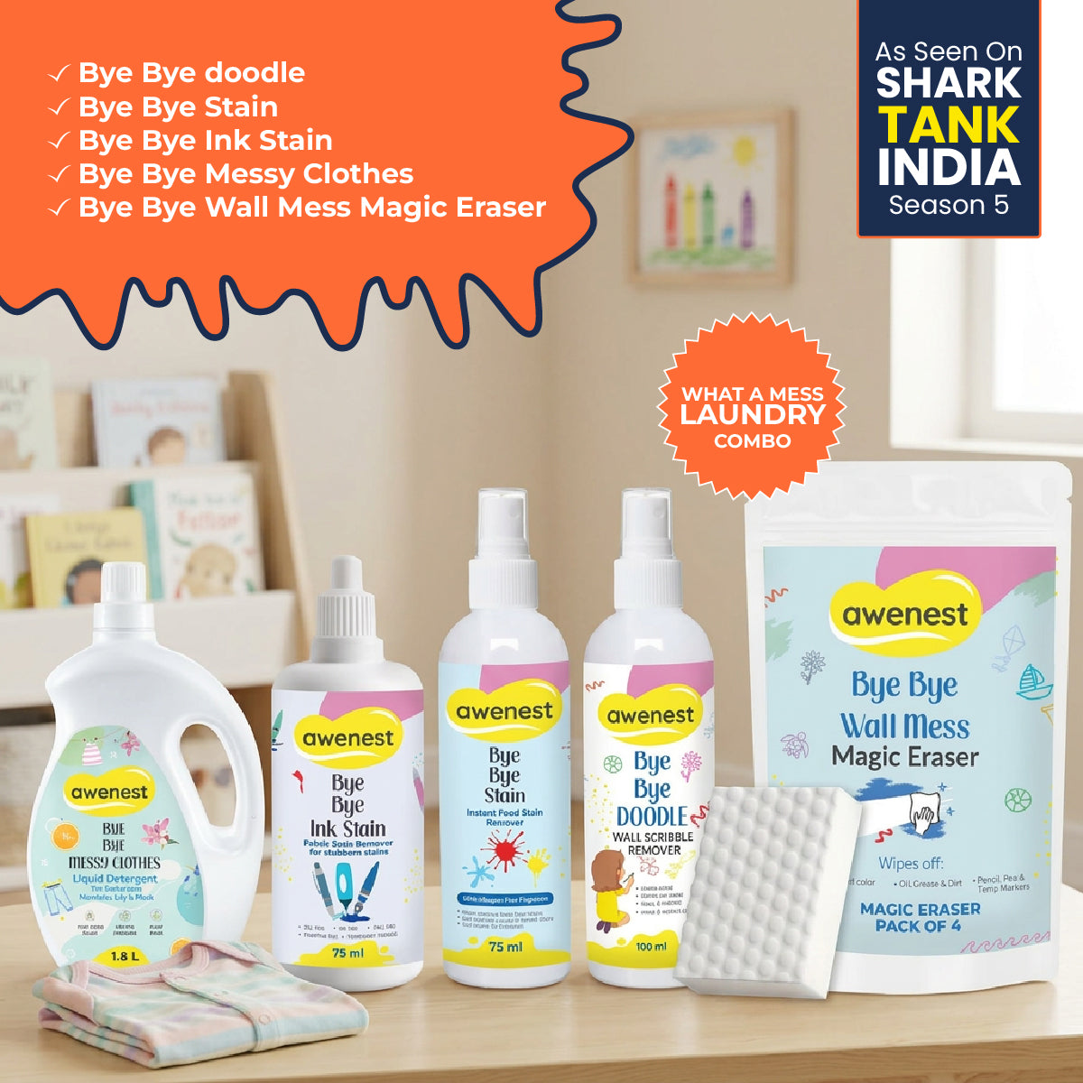 What a Mess! Laundry Combo - Bye Bye Stain x2 + Bye Bye Doodle x2 + Magic Eraser x4 + Ink Stain 75 ml + Laundry Liquid 1.8 Liter