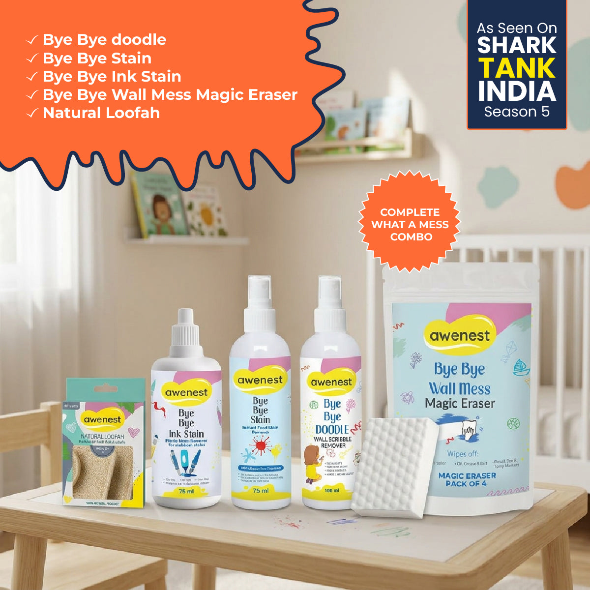 What a Mess! Cleaning Combo - Bye Bye Stain x2 + Bye Bye Doodle x2 + Magic Eraser x4 + Ink Stain 75 ml + Pack of 3 Natural Loofah
