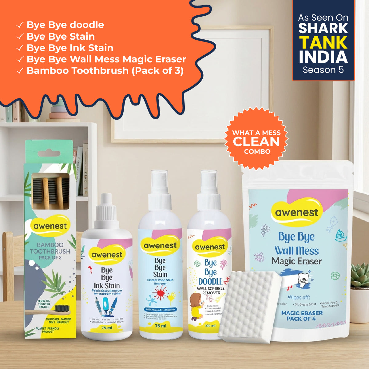 What a Mess! Super Combo - Bye Bye Stain x2 + Bye Bye Doodle x2 + Magic Eraser x4 + Ink Stain 75 ml + Pack of 3 Bamboo Toothbrush