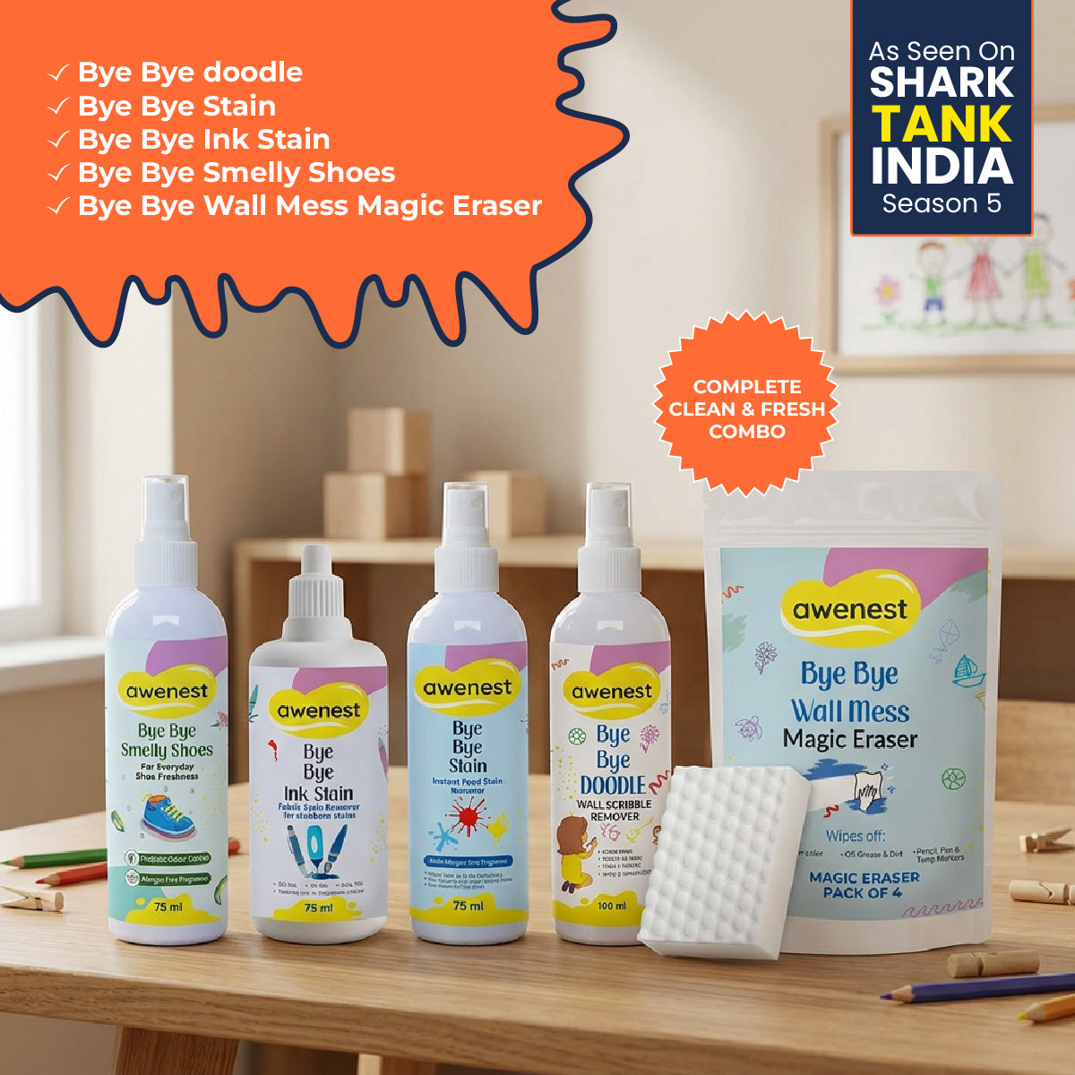 What a Mess! Super Combo - Bye Bye Stain x2 + Bye Bye Doodle x2 + Magic Eraser x4 + Ink Stain 75 ml + Bye Bye Smelly Shoes