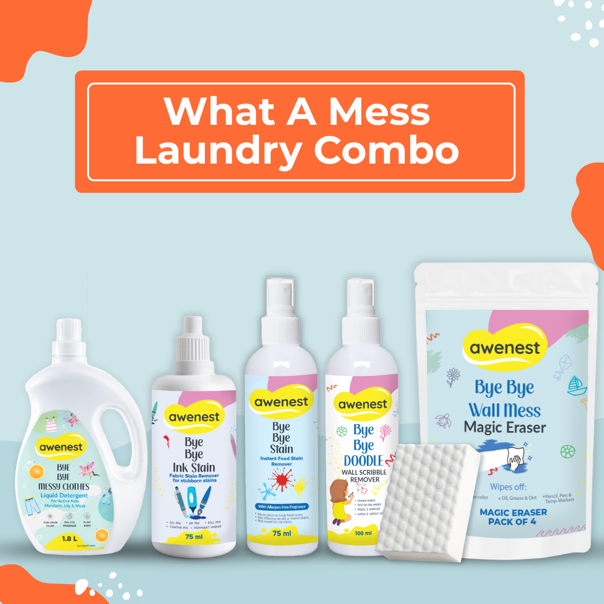 What a Mess! Laundry Combo - Bye Bye Stain x2 + Bye Bye Doodle x2 + Magic Eraser x4 + Ink Stain 75 ml + Laundry Liquid 1.8 Liter