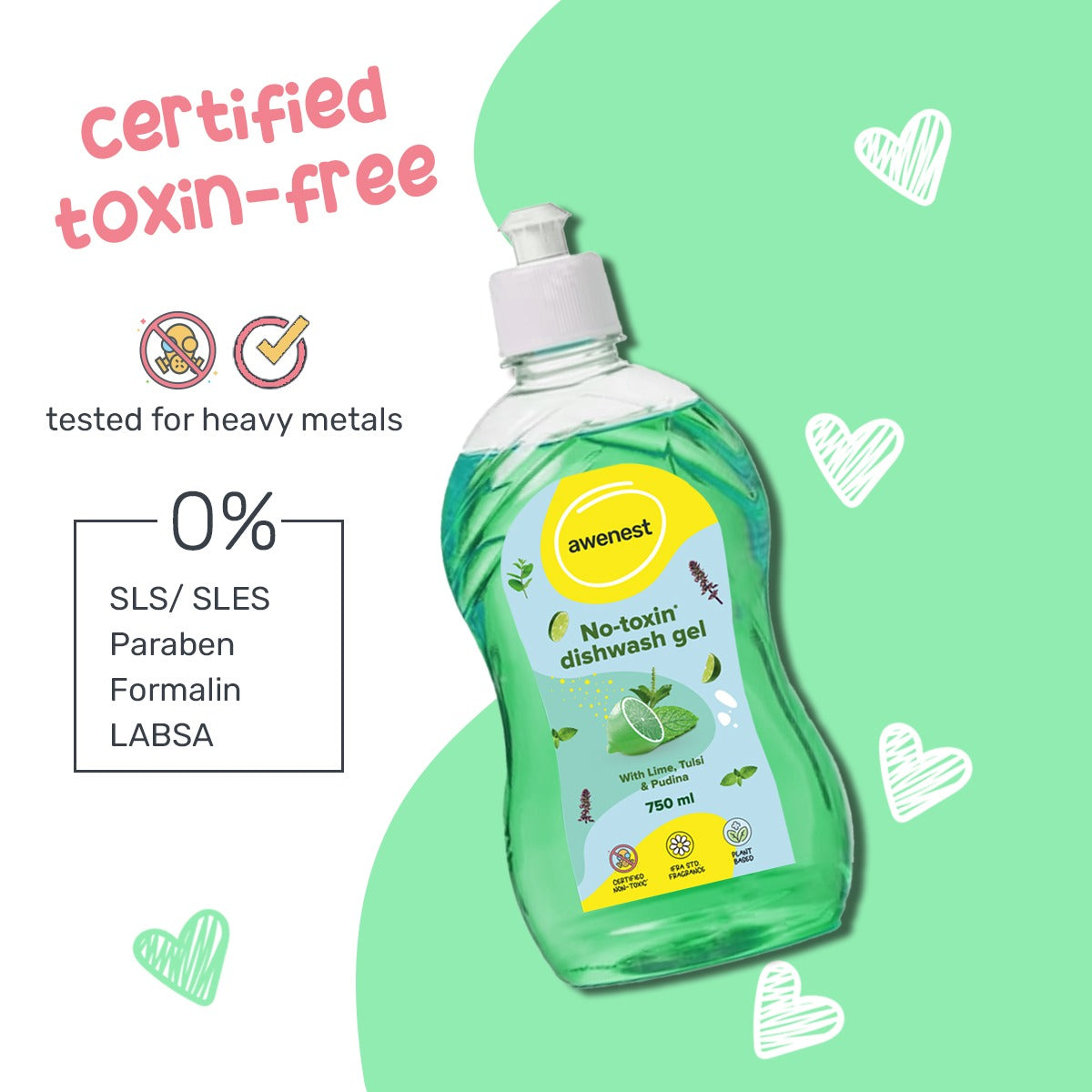 awenest toxin-free, plant-based lime, tulsi and pudina dishwash with no sles, paraben, formalin, labsa