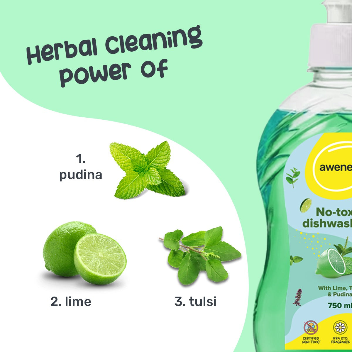 awenest toxin-free, plant-based lime, tulsi and pudina dishwash
