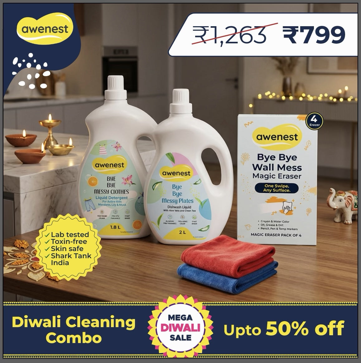 Diwali Cleaning Combo – 2L Dishwash Liquid, 1.8L Laundry Liquid, Magic Erasers Pack of 4 & Microfiber Cleaning Cloths - Pack of 2