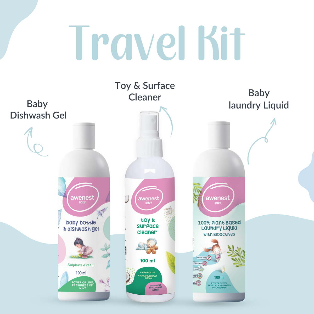 Baby Travel Kit 100 ml Baby Feeding Bottle Wash, 100 ml Baby Laundry  Liquid, 100 ml Baby Toy Cleaner 100% Plant-based, 100% Sulphate-free