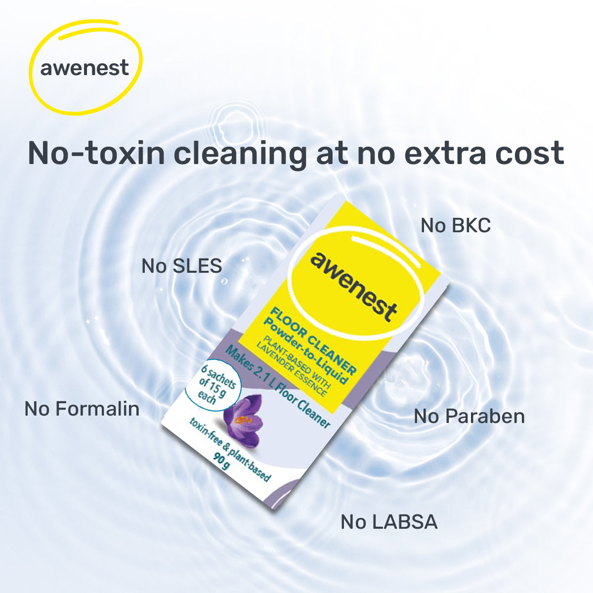 awenest toxin-free, plant-based powder to liquid floor cleaner with no labsa, sles, BKC, LABSA, formalin, paraben